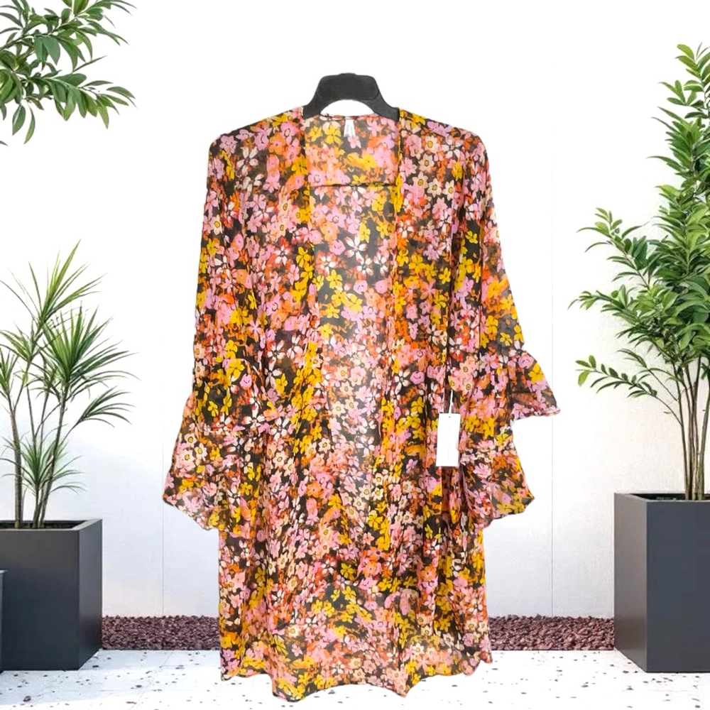 Live 4 Truth New w Tag Brown/Multicolor Floral Sheer Long Duster Cardigan Wm 3X